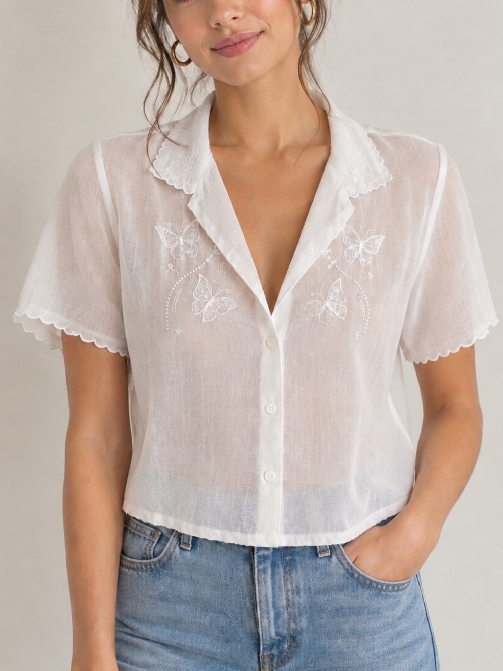 90s Chic White Blouse with Butterfly Details